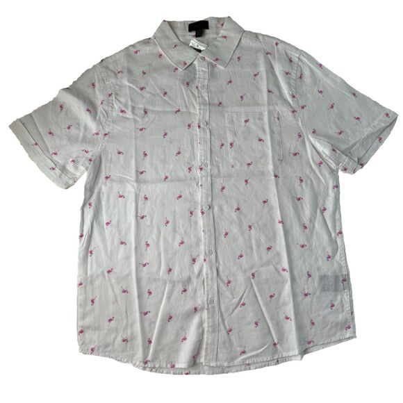 Magaschoni Man Short Sleeve Shirt Flamingos All Over Print Linen Blend Large NWT - Picture 1 of 13